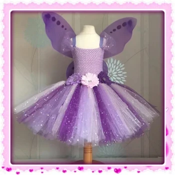 Фиолетовое платье-пачка с бабочкой для девочек, детское вязаное крючком платье в цветочек, блестящее бальное платье из тюля с крылышками, детское праздничное платье для костюмов