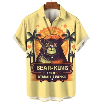 Мужская рубашка с коротким рукавом и принтом Злого Бурого Медведя, Гавайская мода, Мужские топы С лацканами, Большой Размер, Повседневная Мужская рубашка 2024, Новый стиль