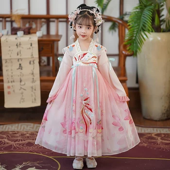 F313 Новая Весенне-осенняя одежда для девочек в китайском стиле Ханфу, Детская одежда эпохи Тан, Новогоднее Приветственное платье, Платье принцессы