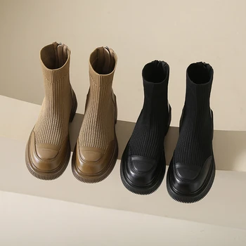 2023 Осенне-зимние женские повседневные черные вязаные ботильоны на платформе, модные ботинки с носком на массивном каблуке, женская обувь, короткие ботинки