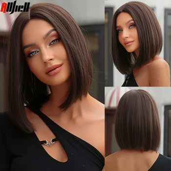 Темно-коричневый синтетический парик средней части для ежедневного косплея Короткие прямые парики Боб для чернокожих женщин из натуральных волос высокой температуры
