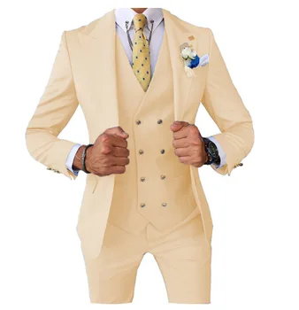 Бежевый мужской костюм Lansboter, комплект из 3 предметов, деловой приталенный свадебный повседневный пиджак для жениха и банкета, жилет с брюками