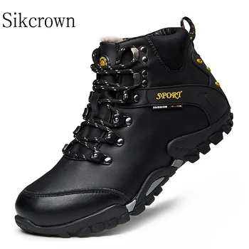 Черно-коричневая кожаная походная обувь, мужские водонепроницаемые треккинговые теплые ботинки для зимы, сапоги для лесной охоты, кемпинга, Большой размер 46