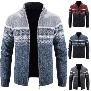 Мужской зимний кардиган в полоску, повседневное свободное флисовое пальто, воротник-стойка из толстой шерсти, наклонный карман, свитер на молнии.