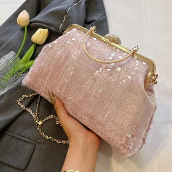 Дизайнерская женская металлическая сумочка с блестками, сумка на цепочке, модная Женская вечерняя сумочка с зажимом в виде ракушки, Дизайнерский роскошный вечерний клатч