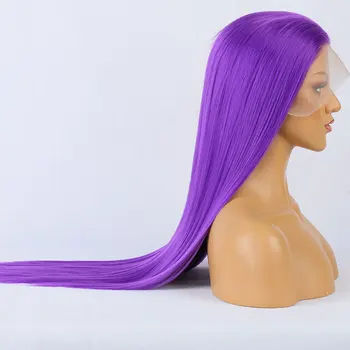 Парик из прямых синтетических волос на кружеве спереди темно-фиолетового цвета из термостойкого волокна с естественным пробором посередине для модных женщин