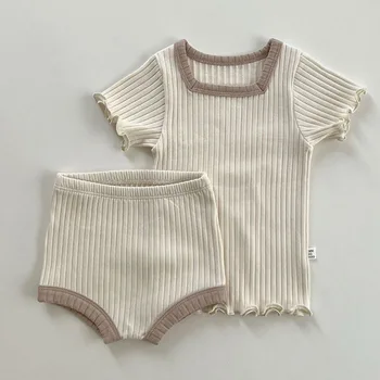 2023 Корейский Летний комплект одежды для маленьких девочек, хлопковые шорты с коротким рукавом, Вязаный Детский Эластичный костюм для маленьких девочек