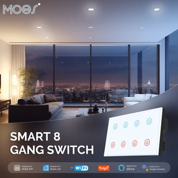 MOES Tuya Wifi Smart Touch Light Настенный Выключатель Света 8 Банд Стеклянная Панель Совместима с Alexa Google Home