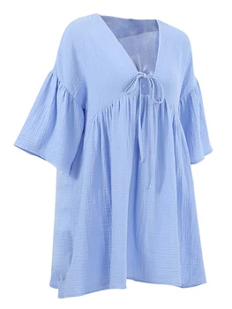 Женские хлопковые ночные рубашки с оборками на подоле, пижамы с V-образным вырезом, ночное платье с пышными рукавами