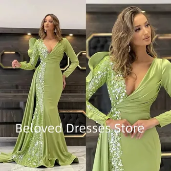 2024 Deep V, фруктово-зеленое вечернее платье, платье с рыбьим хвостом в хрустальной обертке, платье знаменитостей, Длинное платье Русалки для выпускного вечера, вечернее платье