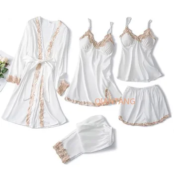 5шт Пижамные комплекты с V-образным вырезом, Свадебная пижама для невесты, Сексуальная женская кружевная пижама, костюм для сна, Весенняя повседневная атласная пижама