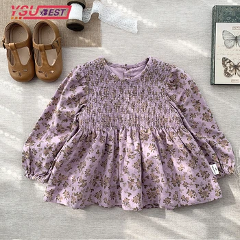 Рубашка для девочек 2024 года, весенние блузки с цветочным принтом для маленьких девочек, топы для малышей, фиолетовые Детские рубашки в пасторальном стиле в Корейском стиле