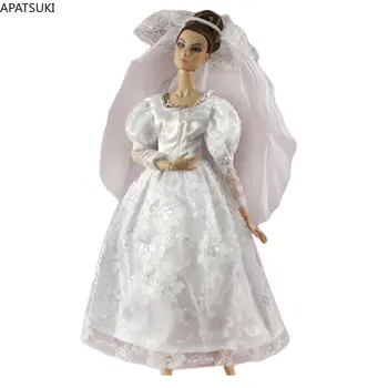 Белое кружевное свадебное платье с рукавом-фонариком для кукол Барби, наряды для вечерней вечеринки, одежда для кукол 1/6 BJD, игрушки для кукол для детей