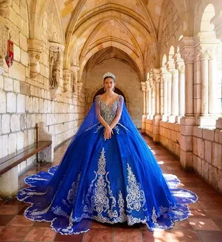 Королевские синие платья Charro Quinceanera, бальное платье с V-образным вырезом, тюлевые аппликации, расшитые бисером, Мексиканская сладость, 16 платьев, 15 Anos
