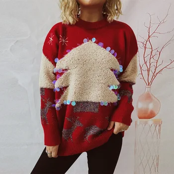2023 Праздничный свитер ручной работы с блестками Рождественская елка Маленький олень жаккардовый утолщенный пуловер