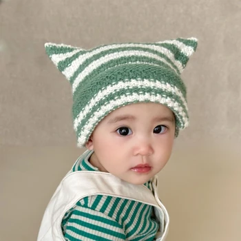 77HD полосатая шапка с кошачьими ушками, мягкая детская шапочка-капор, вязаная шапка для новорожденных