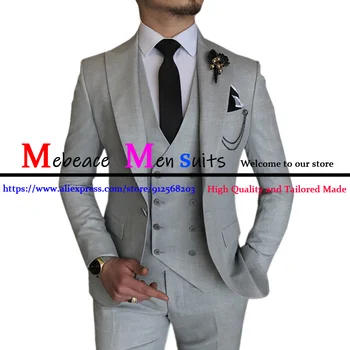 Светло-серые мужские костюмы, однобортные, для деловой встречи, свадьбы, для жениха, 3 предмета (пиджак + жилет + брюки) Мужские костюмы, сшитые на заказ