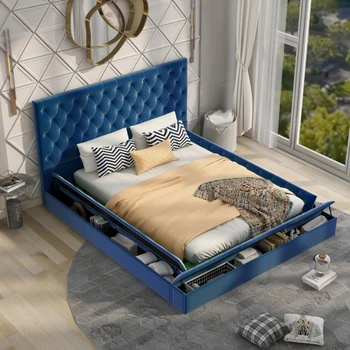 Кровать с классической обивкой, низкопрофильная платформа для хранения, кровать с местом для хранения и подножкой, для молодежной спальни для взрослых