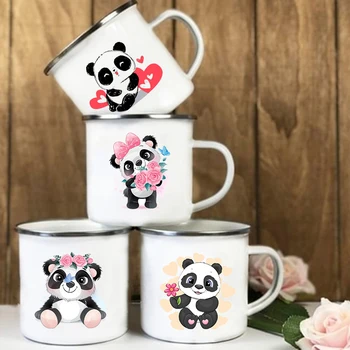 Креативный эмалированный стакан с изображением цветочной панды, стаканы для воды, десерта, молока для завтрака, детские кружки, кружка с ручкой, подарки на день рождения для детей