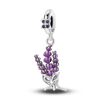 Романтическое серебро 925 пробы, фиолетовый Цветок Лаванды, Подвешенный Шарм, подходит для браслета Pandora, женские Свадебные украшения, Ожерелье, Подвеска