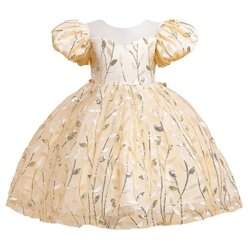 Детское праздничное платье принцессы с цветочным узором для девочек, расшитое блестками и листьями, пышные платья из тюля с бантом, свадебное платье на день рождения