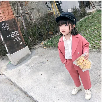 Осенний костюм-блейзер в корейском стиле для маленьких девочек 3-8 лет, Розовые двубортные пальто, Кардиганы с карманами, свободные брюки
