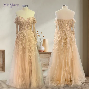 Вечерние платья MisShow Dubai с перьями Для женщин, элегантные Свадебные платья 2024 года, расшитые бисером, С длинными рукавами, Арабское вечернее платье для вечеринок