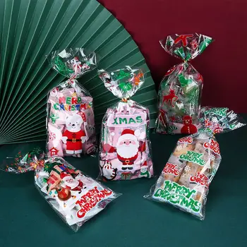 50шт Рождественский Подарочный пакет Для выпечки Конфет, упаковочных пакетов для печенья, упаковочных пакетов для праздничной вечеринки Санта-Клауса с проволочной стяжкой