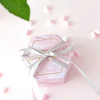 50 шт. /лот Коробки конфет из розового мрамора шестиугольной формы Свадебные сувениры специально для вас Подарочная коробка Упаковка шоколада для вечеринки