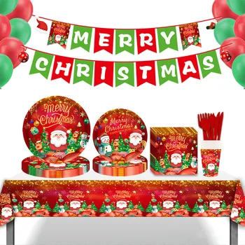 Рождественская посуда для 10 гостей Красное Украшение Рождественской елки Санта Клауса Navidad Одноразовая Бумажная посуда С Рождеством 2023 г.