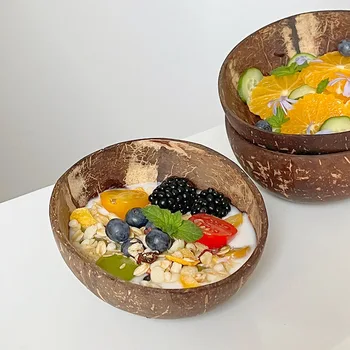 14-16см натуральный кокос чаша набор ручной работы из скорлупы кокоса посуда деревянная ложка для десерта фруктовый салат, миску рисовой лапши чаша