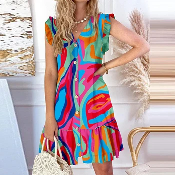 Женское платье с летящими рукавами с цветным принтом, повседневные однобортные платья-рубашки со свободными оборками, элегантное платье в стиле бохо с рюшами