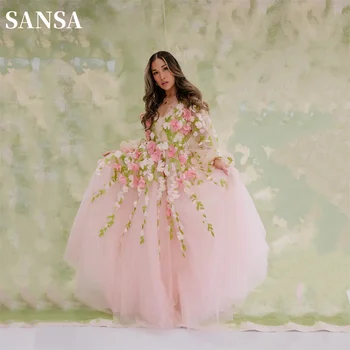 Платье для выпускного вечера Sansa Princess с пышными рукавами, Нежно-Розовое, 2023, длиной до колена и в пол, 2023