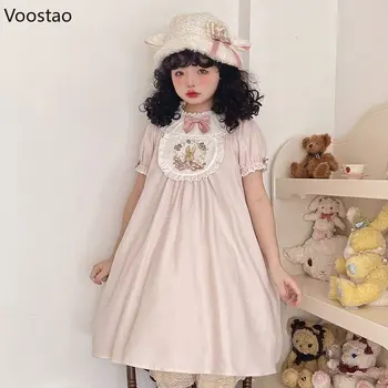Японское платье принцессы Каваи Лолиты для девочек с милым бантом и пышными рукавами, ночная рубашка с вышивкой Кролика, Викторианское винтажное мини-платье