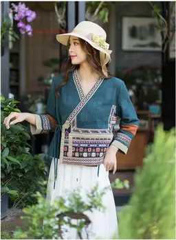 традиционное китайское винтажное пальто 2024, женские топы hanfu в стиле ретро, национальная цветочная вышивка, этническая улучшенная хлопковая льняная куртка