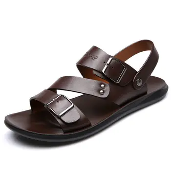 Модные мужские сандалии, летняя мужская пляжная обувь с двойной пряжкой, уличные мужские кожаные сандалии, мужская обувь, тапочки большого размера 48