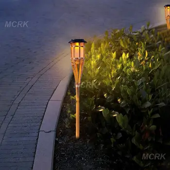 Газонная лампа с солнечным пламенем, наружная водонепроницаемая Автоматическая подсветка для дорожки, светодиодная бамбуковая Солнечная садовая лампа с пламенем