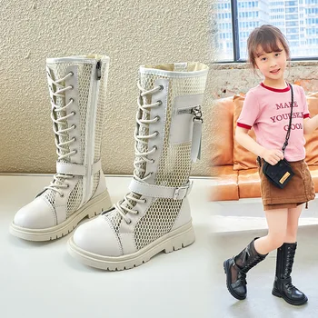 Высокие сапоги для девочек с дышащей карманной пряжкой, Модная повседневная обувь для детей 2023, Летняя Новая детская Шикарная обувь для подиума принцессы Простая