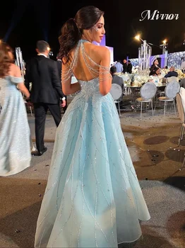 Зеркальное платье, Элегантное Винтажное платье с милыми синими блестками, расшитое бисером, сексуальное платье трапециевидной формы с открытой спиной для официальных мероприятий, Вечерние платья для вечеринок