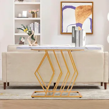 Золотисто-белый Консольный столик для Прихожей - Современный Деревянный Металлический Консольный Столик 39,4 Дюйма, Небольшой Деревянный Акцентный Столик для Прихожей