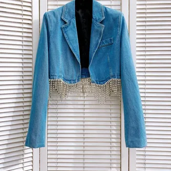 Модные Роскошные Светло-голубые джинсовые куртки с бриллиантовой бахромой для женщин, Короткая джинсовая куртка с лацканами и длинным рукавом, Женское джинсовое пальто Y4066
