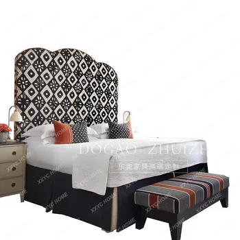 Тканевая кровать Простая современная Супружеская кровать Вилла в неоклассическом стиле из массива дерева Двуспальная