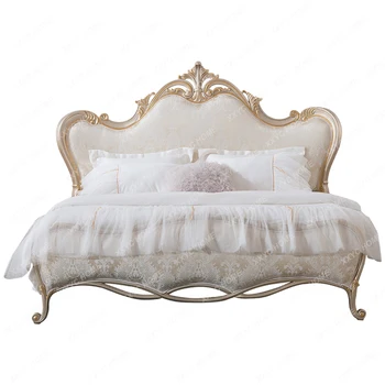 Двуспальная кровать из французской ретро-жаккардовой ткани с золотой резьбой 1,8 м, Супружеская кровать в главной спальне, Европейская мебель из массива дерева