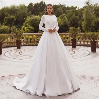 Элегантные атласные свадебные платья Smileven, кружевное платье невесты с длинным рукавом, Мусульманское свадебное платье с закрытой спиной, Vestido de novia 2020