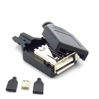Разъем-розетка 3 в 1 Типа A USB 2.0 4-Контактный Штекер С Черной Пластиковой Крышкой Типа Припоя DIY Connector