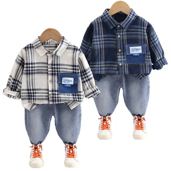 Весенне-осенняя Детская одежда для маленьких мальчиков Хлопчатобумажные клетчатые рубашки с длинными рукавами, джинсовые брюки, 2 шт. / компл., одежда для малышей, детские костюмы