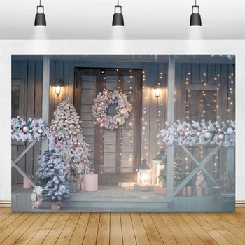 Зимний Рождественский фон для фотосъемки Декор из сосновых веток Сцена с деревянной дверью Фотофон для фотостудии
