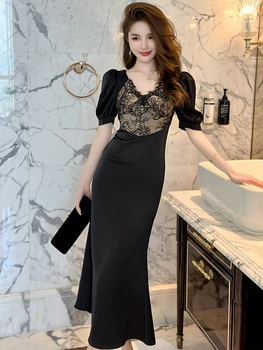 Летнее длинное вечернее платье для женщин, элегантное шикарное атласное Черное платье с V-образным вырезом и коротким рукавом, облегающее платье Миди для выпускного вечера, женское платье Vestidos