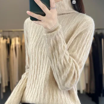 Осенне-зимний вязаный свитер, новый свитер из 100% чистого кашемира, женская водолазка, жаккардовый пуловер свободного кроя, однотонный пуловер