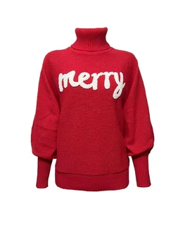 Женские Рождественские свитера, водолазка с длинным рукавом, пуловер с вышивкой букв, повседневные трикотажные топы